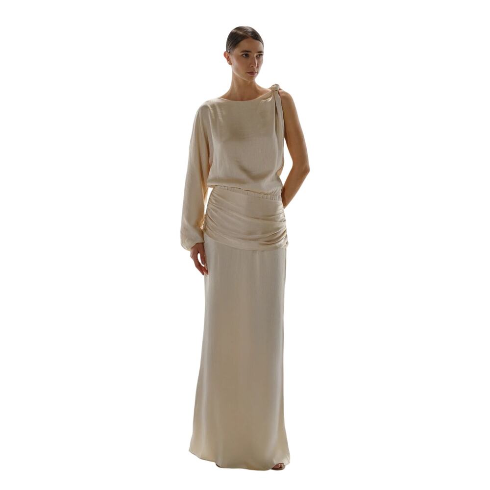 Baobab Cosmic Round Neck One Sleeve Maxi Dress Beige Cashew Women's Size S